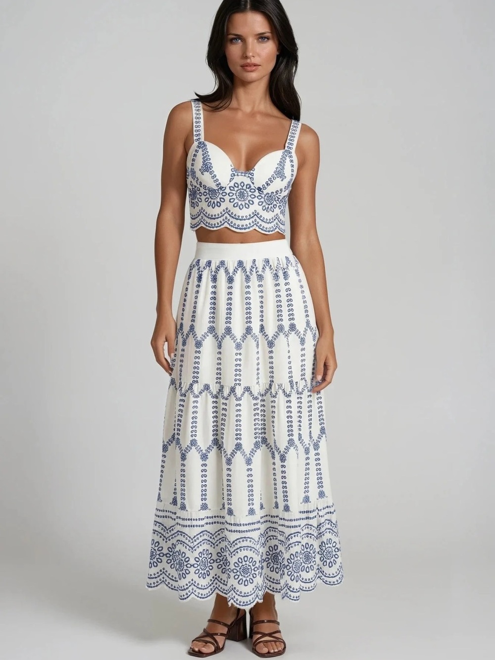 White and Blue Embroidered Maxi set - Women